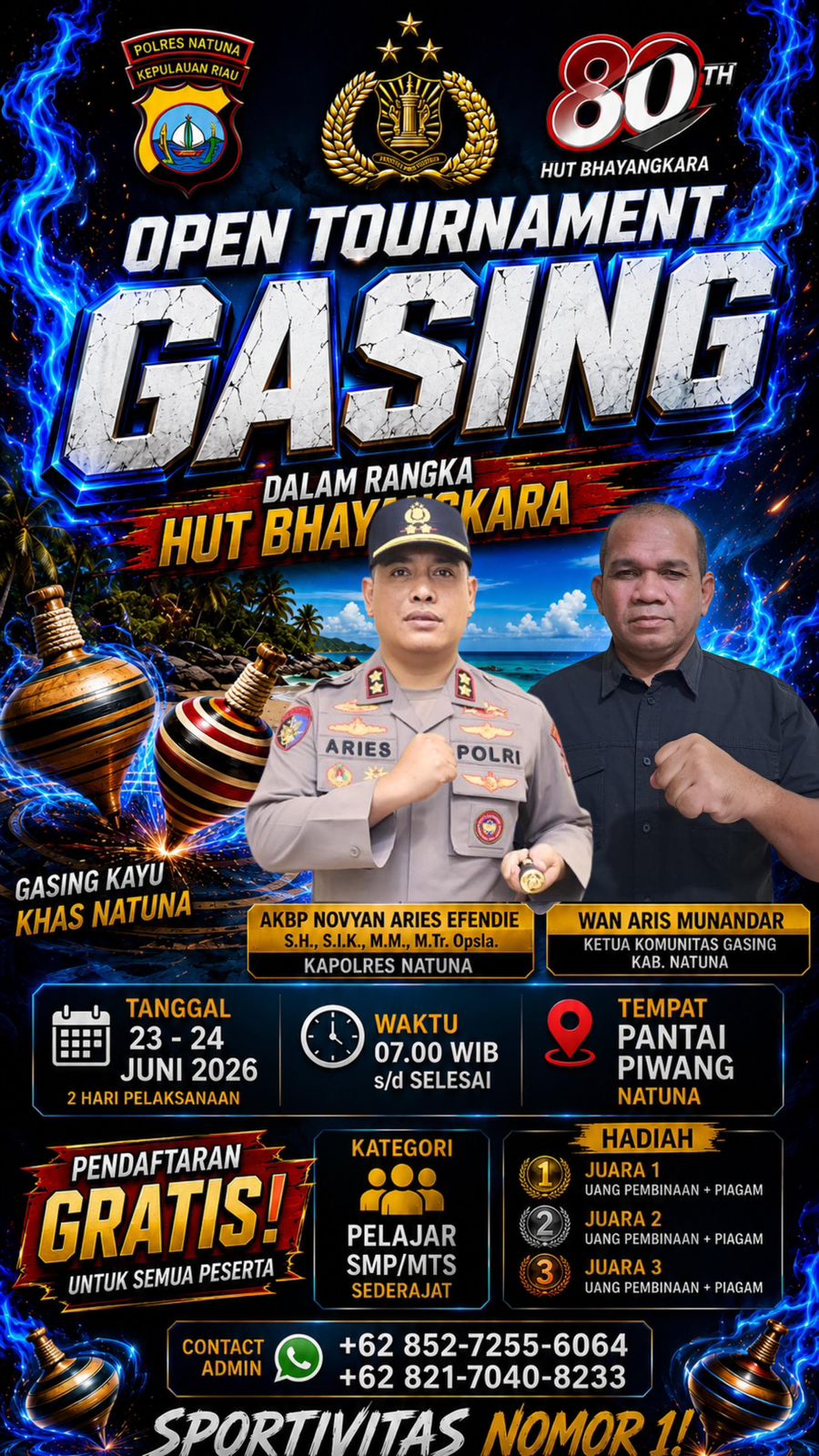 Polres Natuna Gelar Turnamen Gasing Tradisional untuk Pelajar di Pantai Piwang, Sambut HUT Bhayangkara ke-80