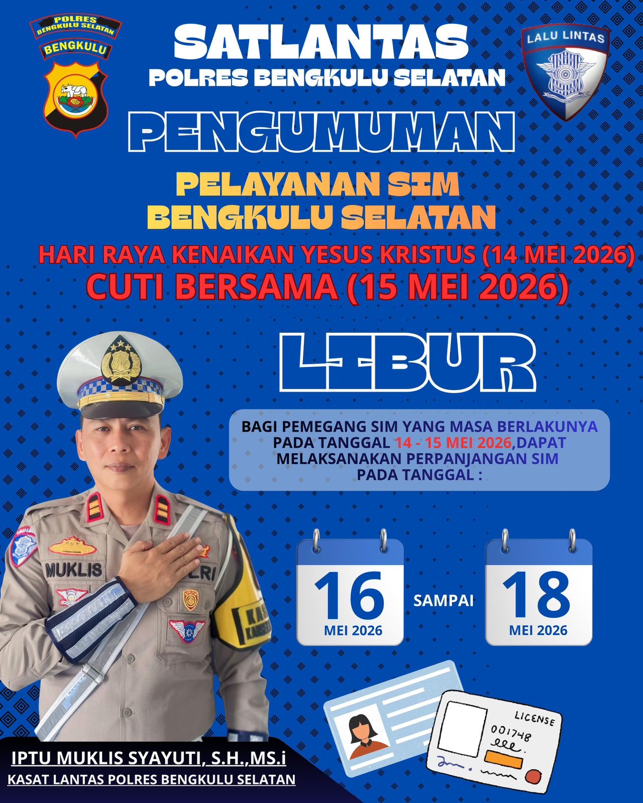 SIM Habis Saat Libur Nasional 14-15 Mei 2026? Satlantas Polres Bengkulu Selatan Beri Masa Tenggang Perpanjangan Tanpa Bikin Baru