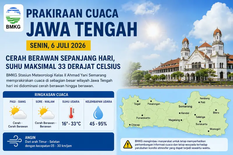Prakiraan Cuaca Jawa Tengah 6 Juli 2026: Cerah Berawan Dominasi Semarang, Solo hingga Tegal, Suhu Capai 33 Derajat