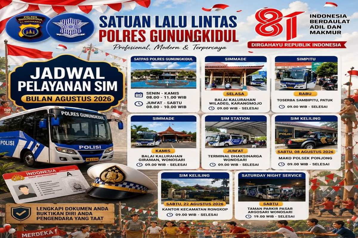 Jadwal SIM Keliling Gunungkidul Agustus 2026: Ini Lokasi dan Jam Layanan di Ponjong hingga Rongkop