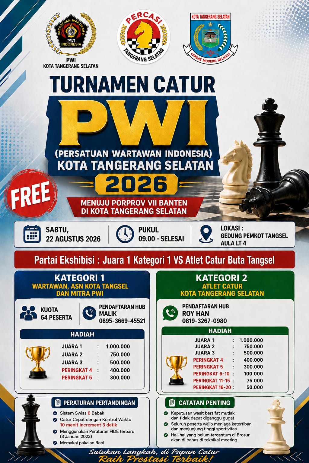 PWI Tangsel dan Percasi Gelar Turnamen Catur di Gedung Pemkot, Dua Kategori Dibuka untuk Atlet dan Wartawan