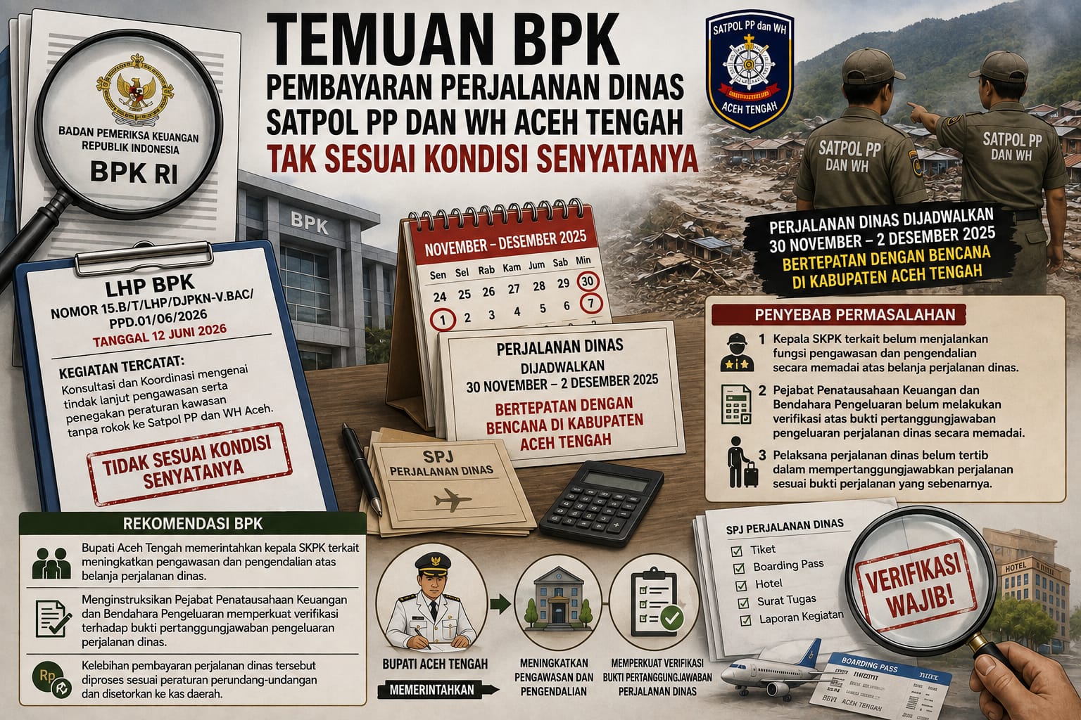 Temuan BPK di Aceh Tengah: Pembayaran Perjalanan Dinas Satpol PP dan WH Rp 6,5 Juta Tidak Sesuai Kondisi Senyatanya