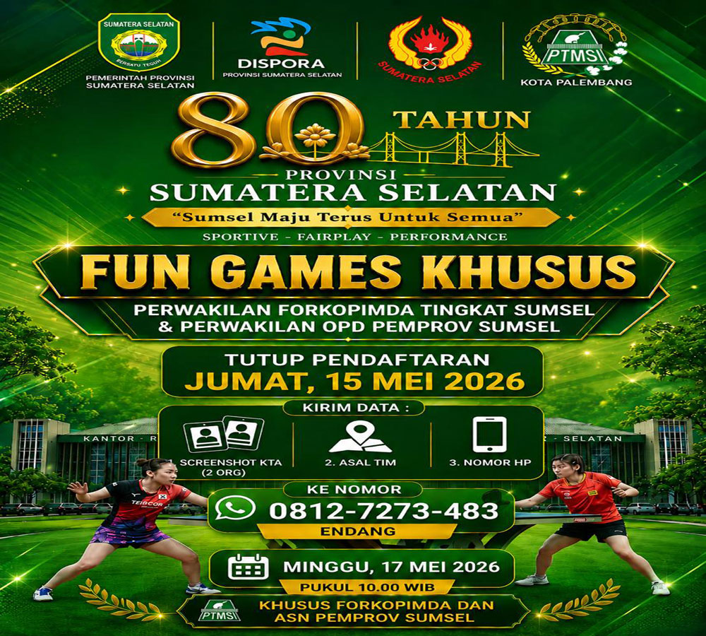 Fun Games Tenis Meja HUT ke-80 Sumsel: Pendaftaran Ditutup Malam Ini, Delapan OPD Sudah Konfirmasi