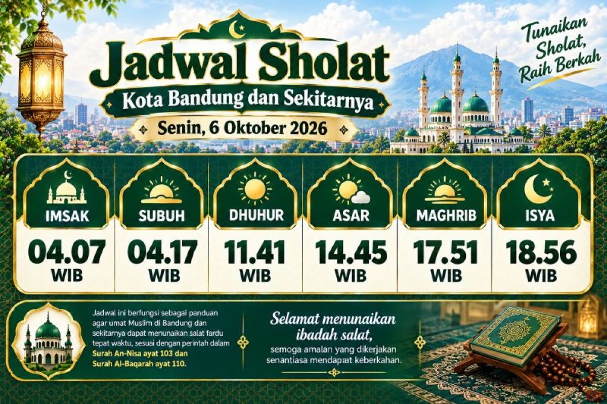 Jadwal Sholat di Kota Bandung dan Sekitarnya Hari Ini, Selasa 6 Oktober 2026