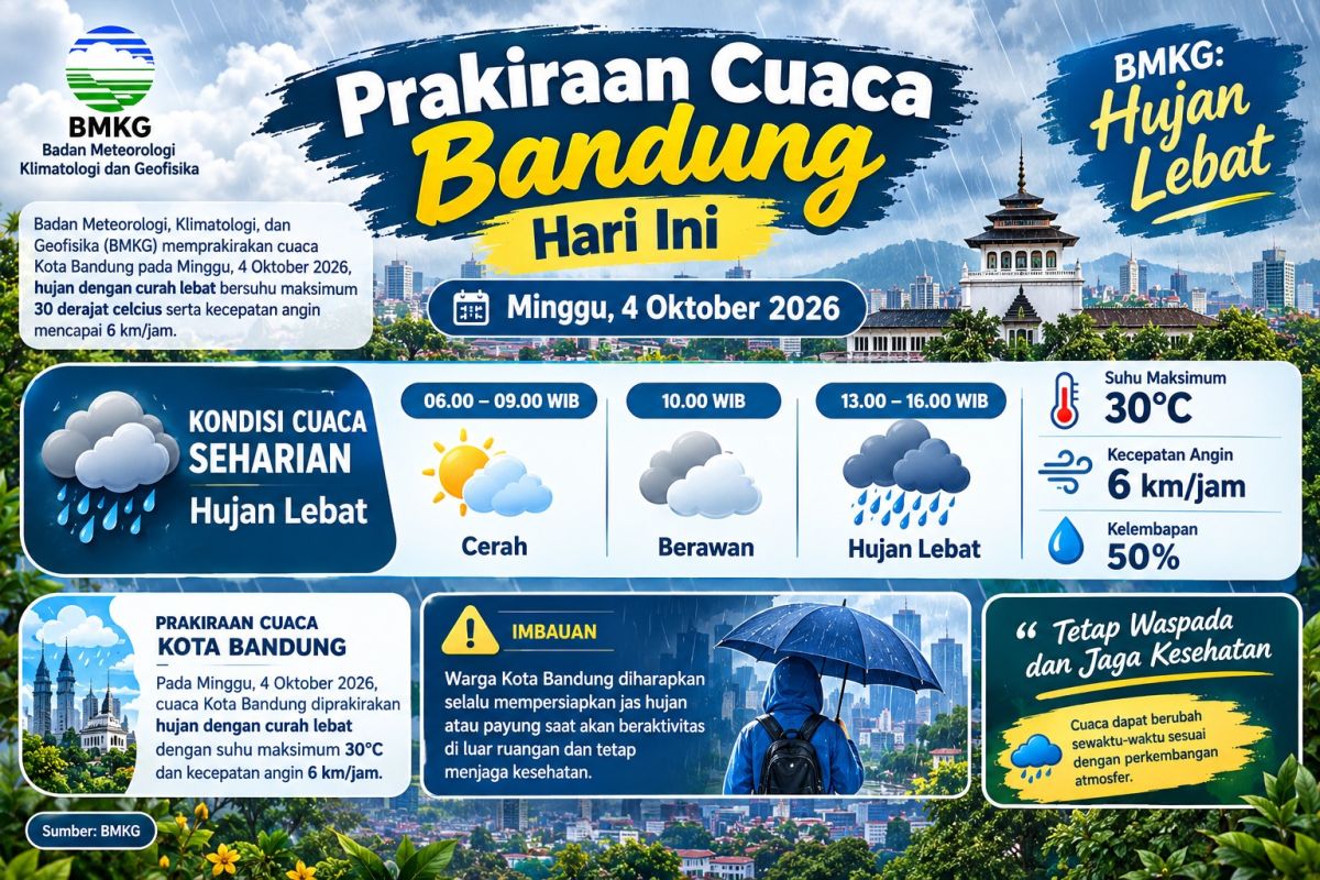 BMKG Prakiraan Cuaca Bandung Hari Ini: Hujan Lebat Siang Nanti, Suhu Maksimum 30 Derajat