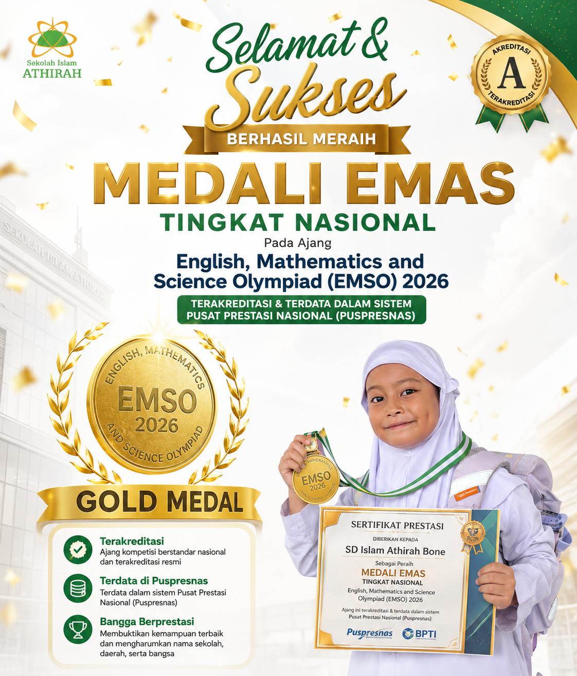 Siswi Kelas 1 SD Asal Bone Andi We Tenri Adara Sabet Medali Emas Bahasa Inggris di Olimpiade Nasional EMSO 2026