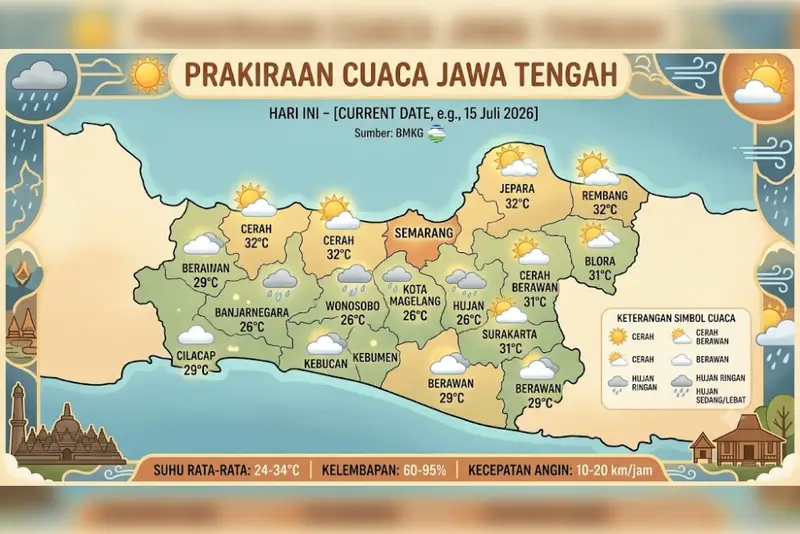 Cuaca Jawa Tengah 15 Juli 2026 Cerah Sepanjang Hari, BMKG Beri Peringatan Gelombang Tinggi di Perairan Utara dan Selatan
