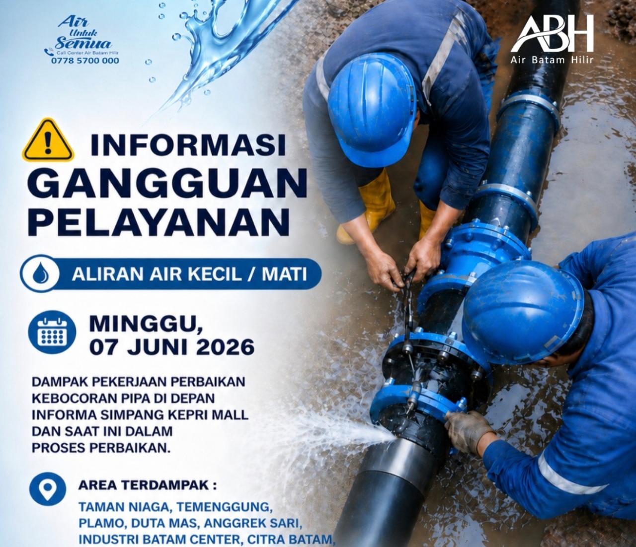 Perbaikan Pipa Bocor di Simpang Kepri Mall, Ratusan Rumah di Batam Alami Gangguan Suplai Air