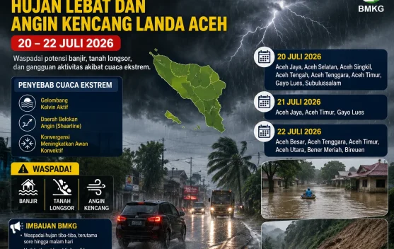 BMKG Peringatkan Cuaca Ekstrem di 14 Kabupaten/Kota Aceh, Gelombang Kelvin Jadi Pemicu Hujan Lebat hingga 22 Juli 2026