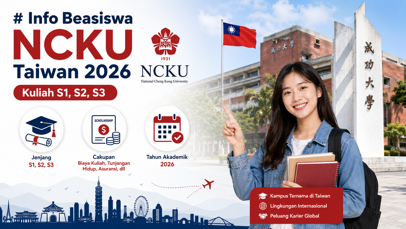 Beasiswa NCKU Taiwan 2026: Kuliah Gratis dengan Tunjangan Hingga NT$25.000 per Bulan