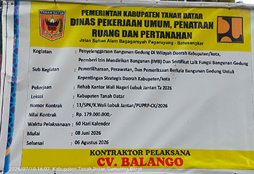 Progres Baru Ditaksir 20 Persen, Proyek Aula Kantor Wali Nagari Lubuk Jantan di Tanah Datar Terancam Molor