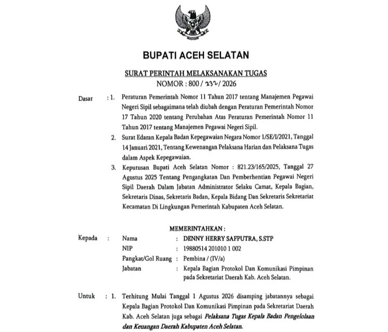 Bupati Aceh Selatan Tunjuk Denny Herry Safputra Jadi Plt Kepala BPKD, Rotasi Jabatan Berlaku 1 Agustus 2026