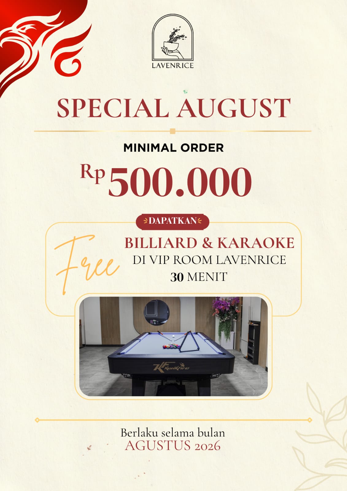 Promo Agustus Lavenrice Bengkulu: Minimal Order Rp 500 Ribu, Gratis Billiard dan Karaoke 30 Menit di VIP Room