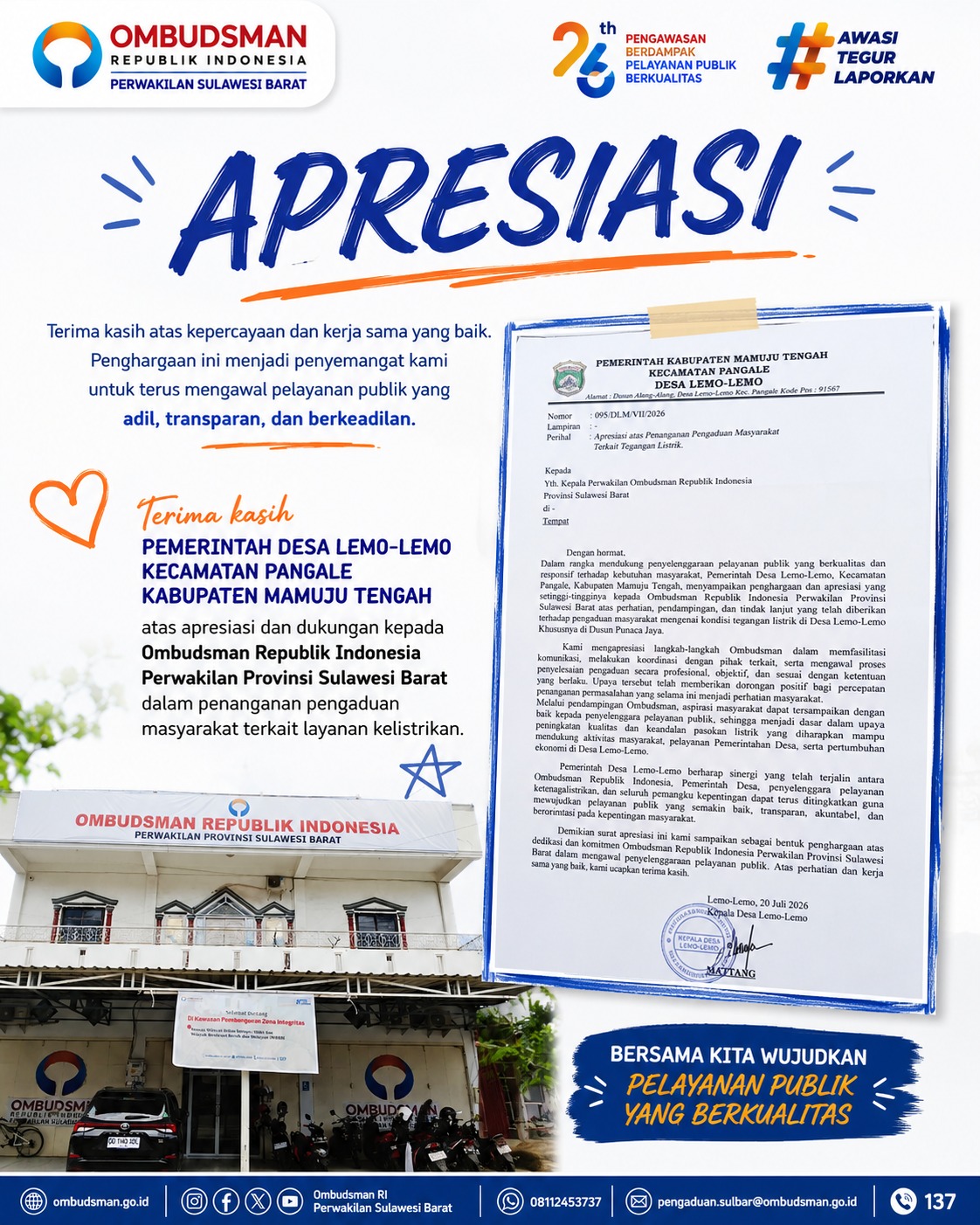 Ombudsman Sulbar Terima Apresiasi Pemerintah Desa Lemo-Lemo Usai Kawal Keluhan Tegangan Listrik di Mamuju Tengah
