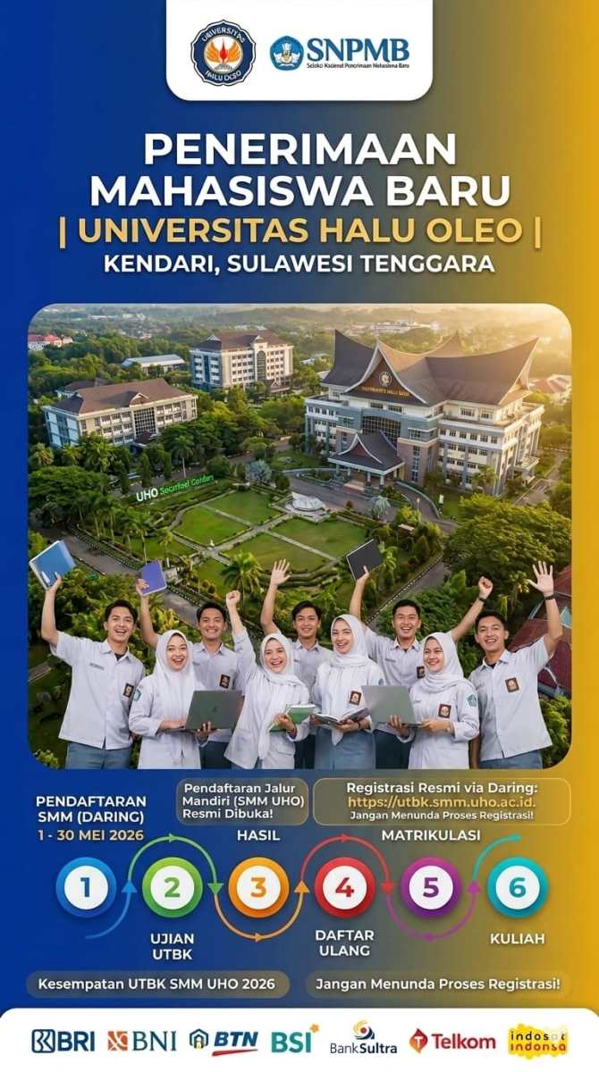 Universitas Halu Oleo Buka Jalur Mandiri 2026, Pendaftaran SMM Berlangsung hingga 30 Mei