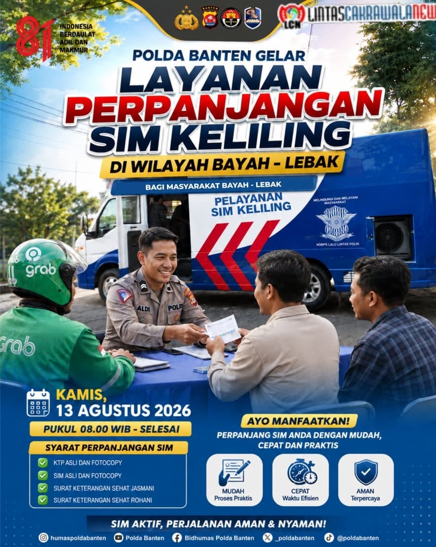 Layanan SIM Keliling Polda Banten Hadir di Bayah Lebak Kamis 13 Agustus 2026, Perpanjang SIM Tanpa ke Serang