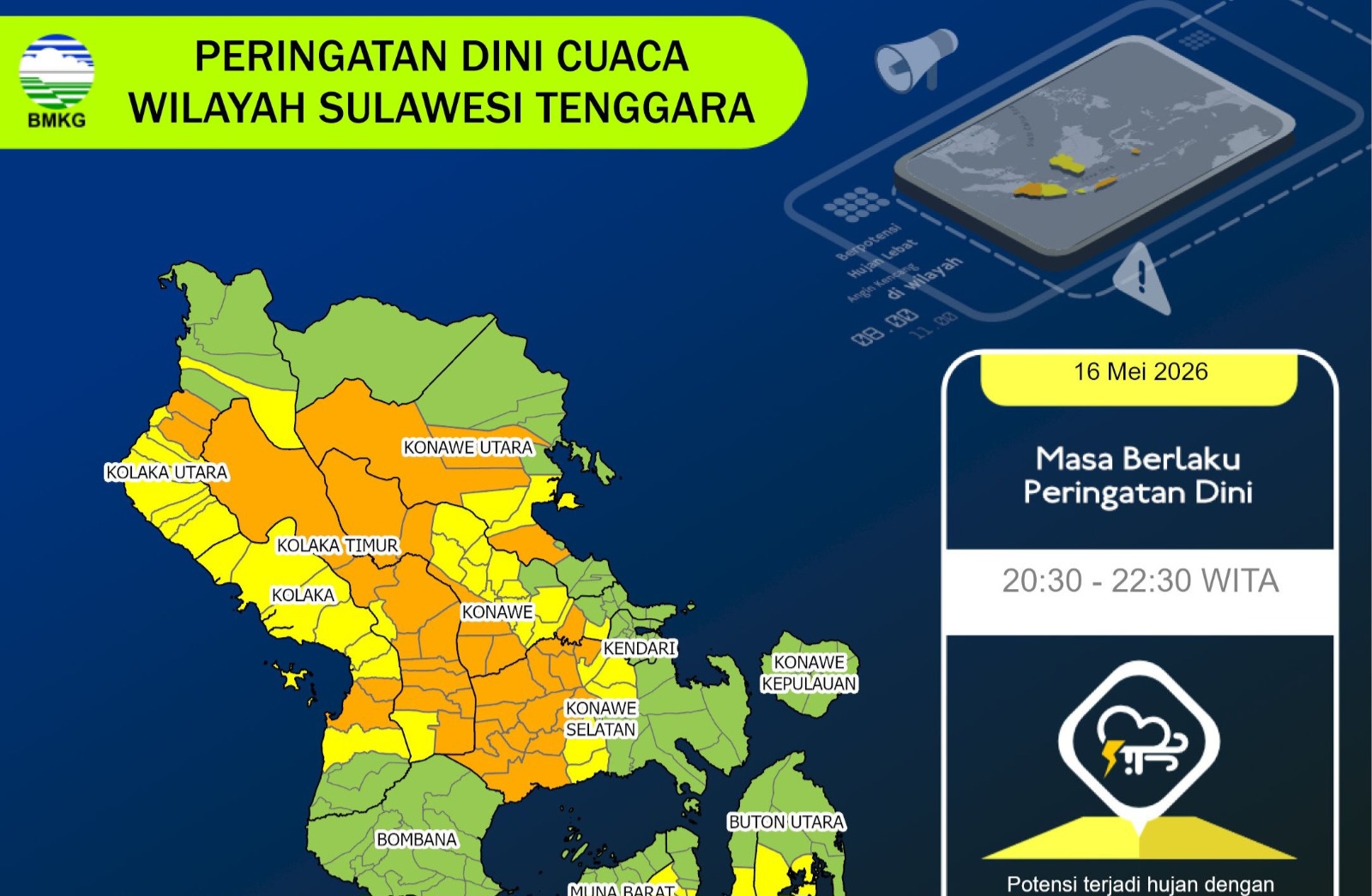 BMKG Peringatkan 8 Wilayah di Sultra Waspada Hujan Lebat Disertai Angin Kencang pada Minggu 17 Mei 2026