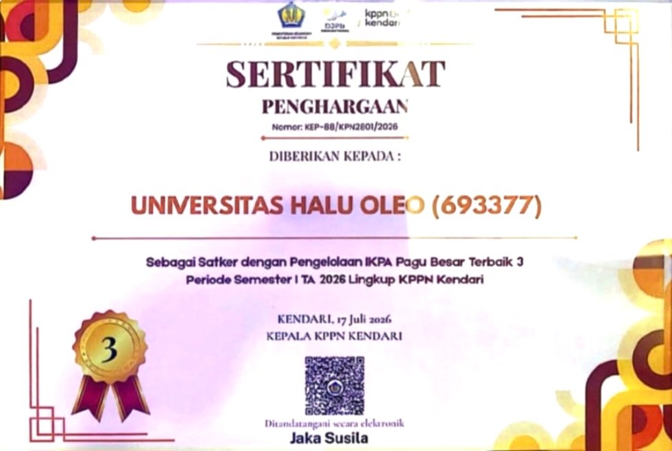 KPPN Kendari Beri Penghargaan IKPA Terbaik III ke UHO, Bukti Pengelolaan Anggaran Pagu Besar yang Akuntabel
