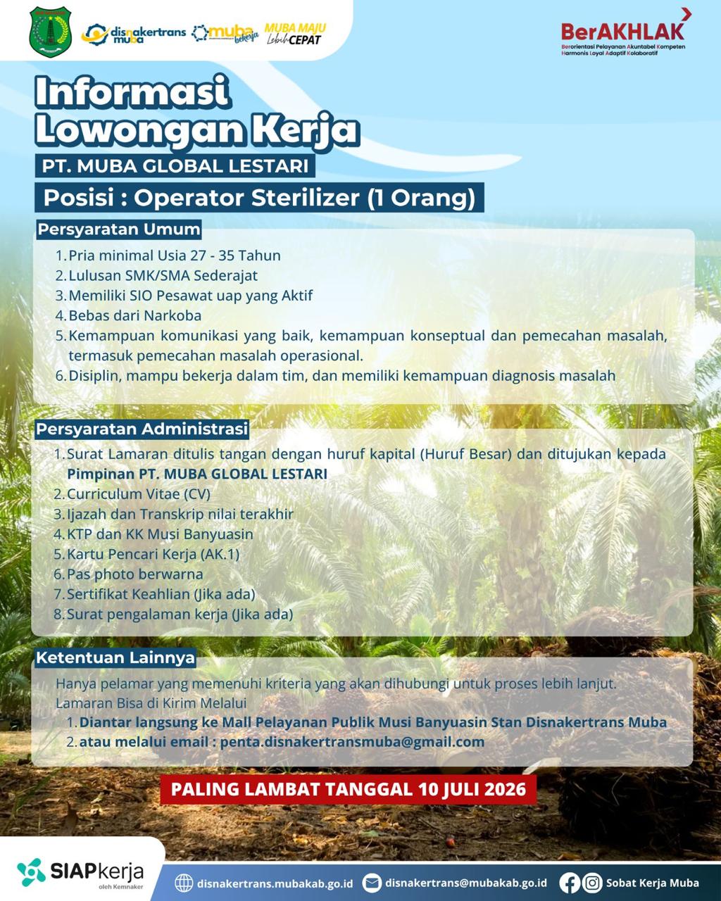 Pemkab Muba Buka 15 Lowongan Kerja di PT Muba Global Lestari Mulai Juli 2026, Prioritas untuk Pemilik KTP Lokal