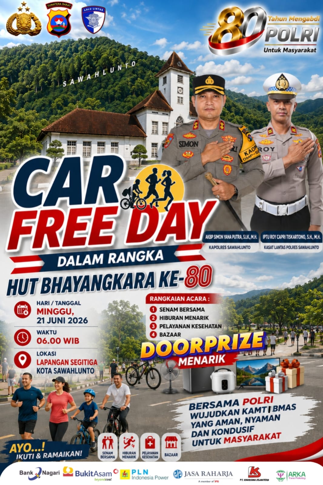 Polres Sawahlunto Gelar Car Free Day Berhadiah untuk Masyarakat dalam Rangka Hari Bhayangkara ke-80, Minggu 21 Juni 2026