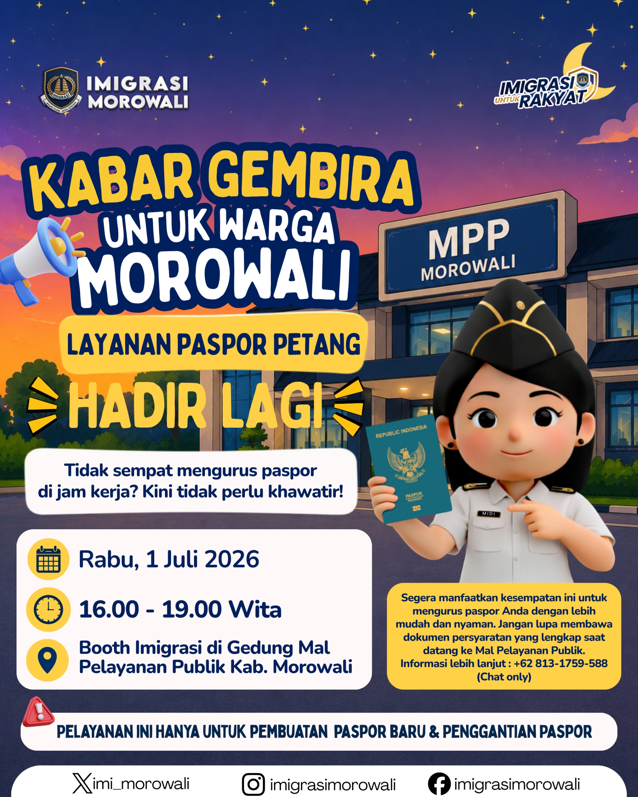 Imigrasi Morowali Buka Layanan Paspor Petang, Warga Bisa Walk-In Tanpa Daftar M-Paspor Mulai 1 Juli 2026