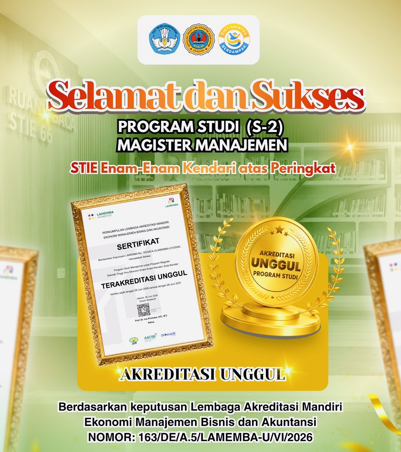 STIE 66 Kendari Ukir Sejarah, S-2 Magister Manajemen Satu-satunya di Sultra Raih Akreditasi Unggul