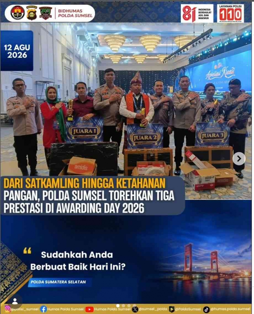 Polda Sumsel Raih Tiga Penghargaan di Hari Bhayangkara ke-80, dari Satkamling hingga Inovasi Ketahanan Pangan