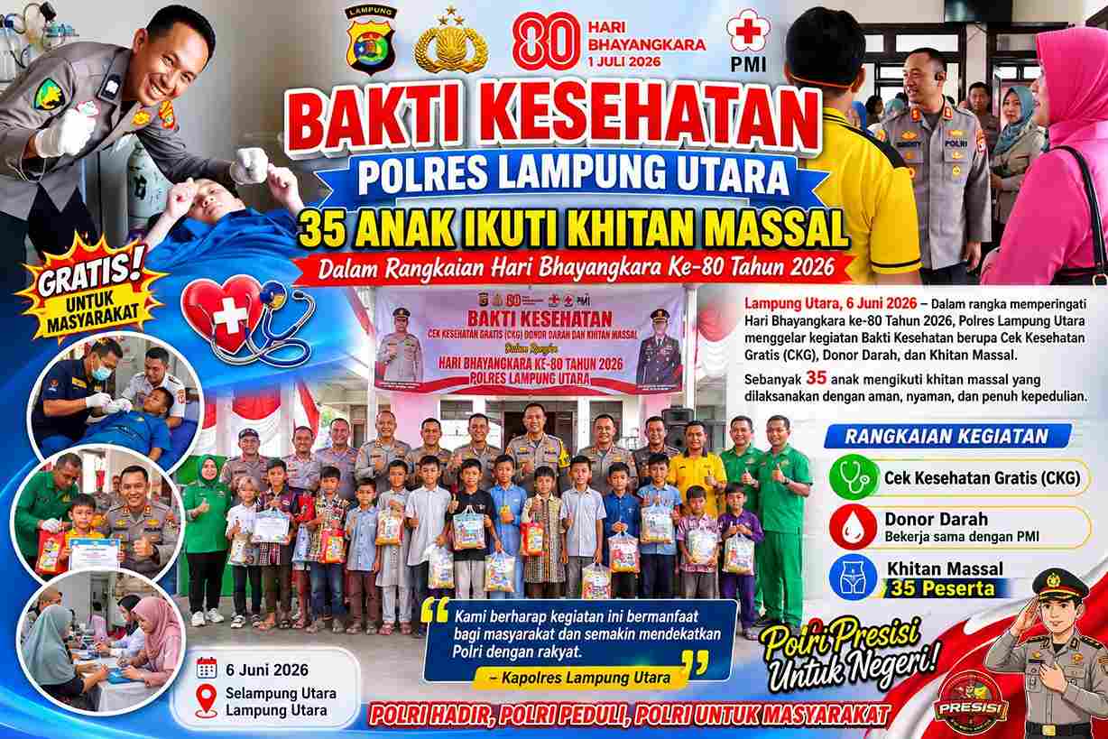 Polres Lampung Utara Khitan Massal 35 Anak di Hari Bhayangkara ke-80, Warga Antusias