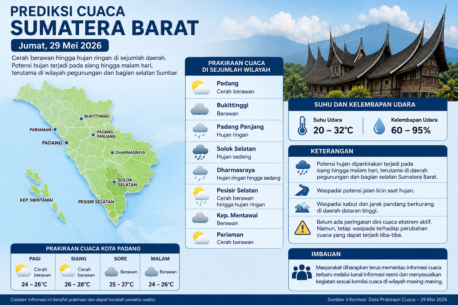 Cuaca Sumbar Jumat 29 Mei 2026: Hujan Ringan hingga Sedang di Solok Selatan dan Dharmasraya, BMKG Imbau Waspada Jalan Licin
