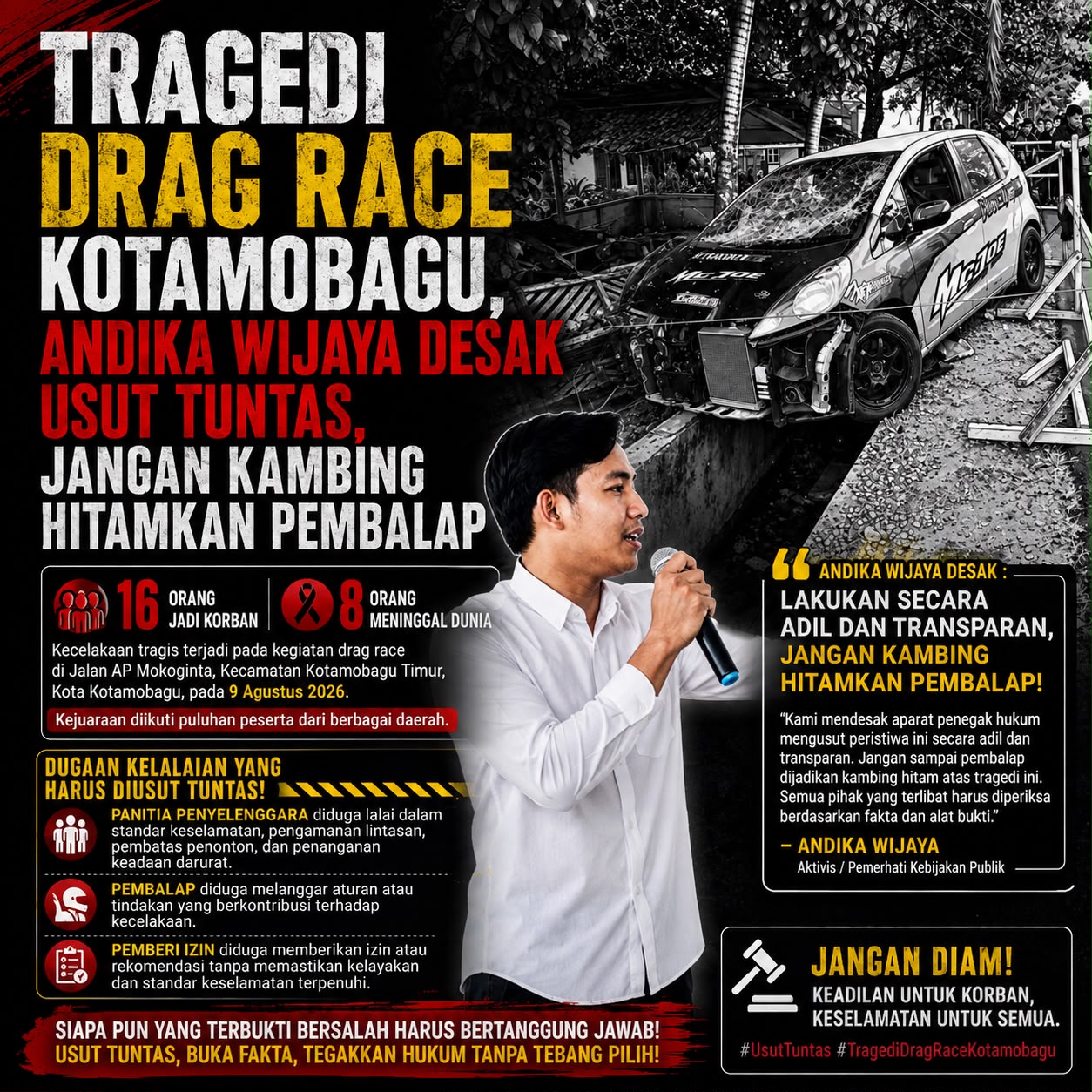 Tragedi Drag Race Kotamobagu Tewaskan 8 Orang, Andika Wijaya Desak Aparat Usut Panitia Hingga Perizinan