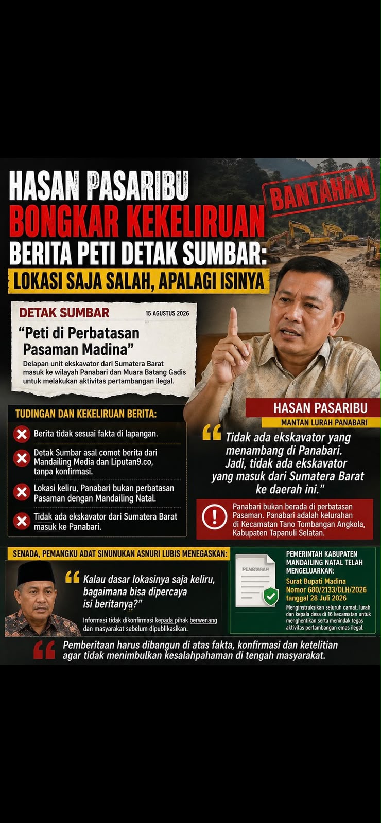Klarifikasi Panabari: Mantan Lurah Hasan Pasaribu Bantah Isu 8 Ekskavator PETI dari Sumatera Barat di Pasaman