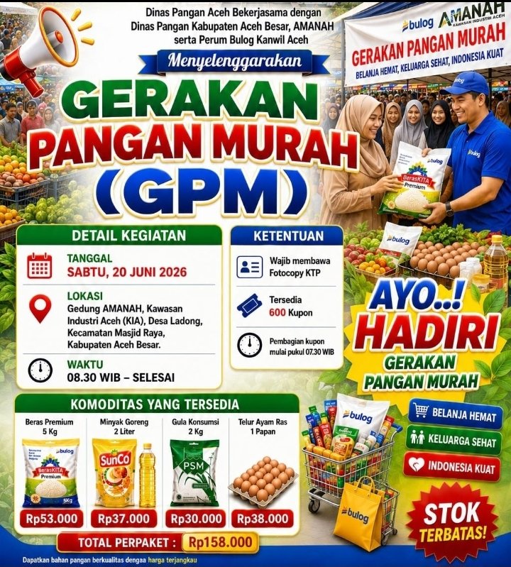 GEKRA 2026 di Aceh Besar Sediakan 600 Paket Pangan Murah Rp158.000, Bazar UMKM hingga Layanan Perpanjangan SIM