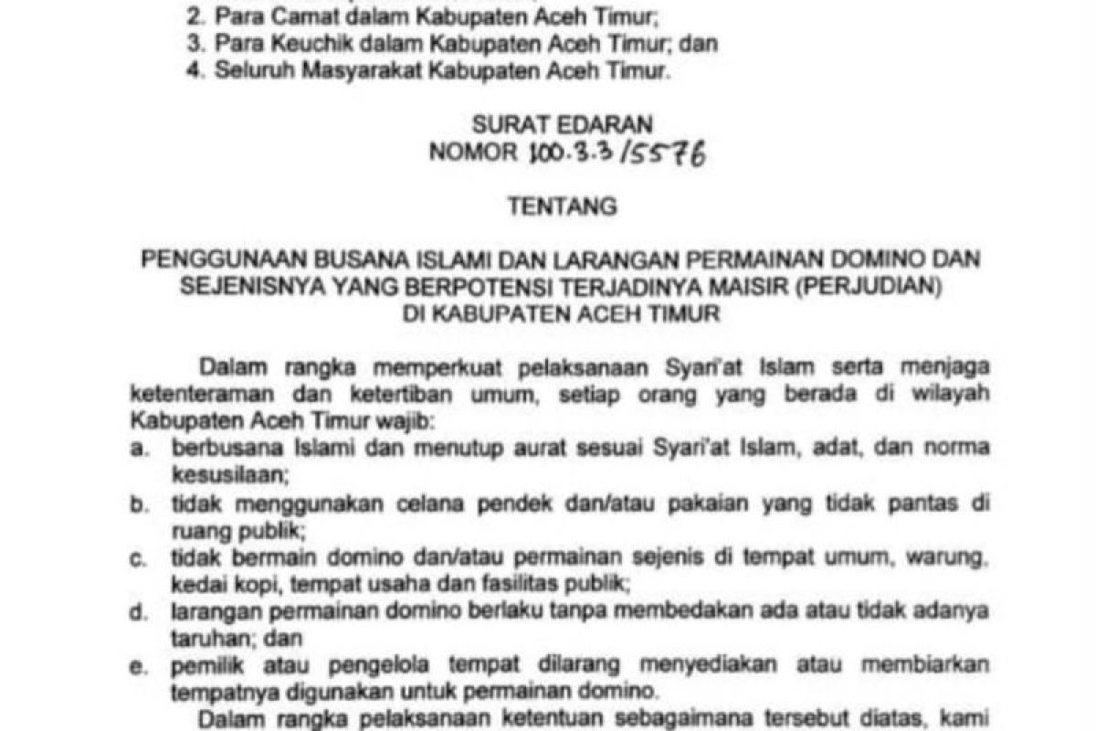 Bupati Aceh Timur Larang Permainan Domino di Warung dan Kedai Kopi, Aturan Celana Pendek Juga Diterbitkan