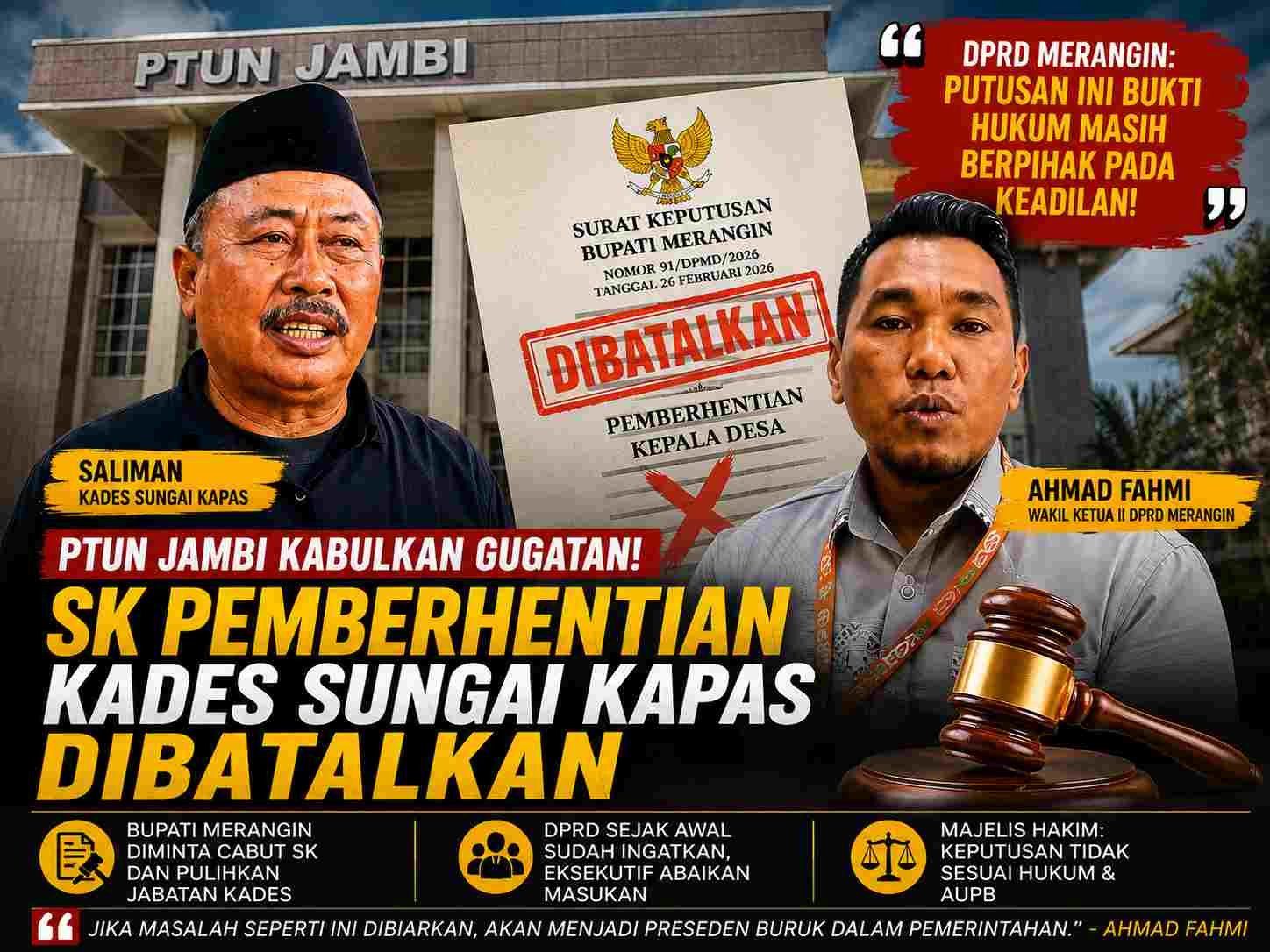 PTUN Jambi Batalkan SK Bupati Merangin yang Pecat Kades Sungai Kapas, Wajib Pulihkan Jabatan Saliman