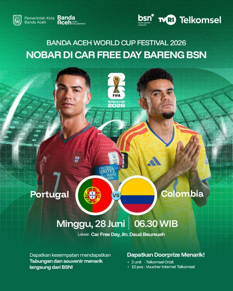 Nobar Piala Dunia 2026 di CFD Banda Aceh Digelar Setiap Minggu Pagi, Ada Doorprize Tabungan hingga Voucher Internet