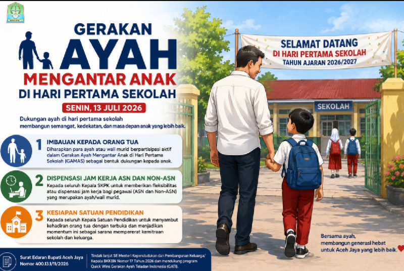 Pemkab Aceh Jaya Wajibkan Ayah Antar Anak ke Sekolah di Hari Pertama, ASN Dapat Dispensasi Jam Kerja