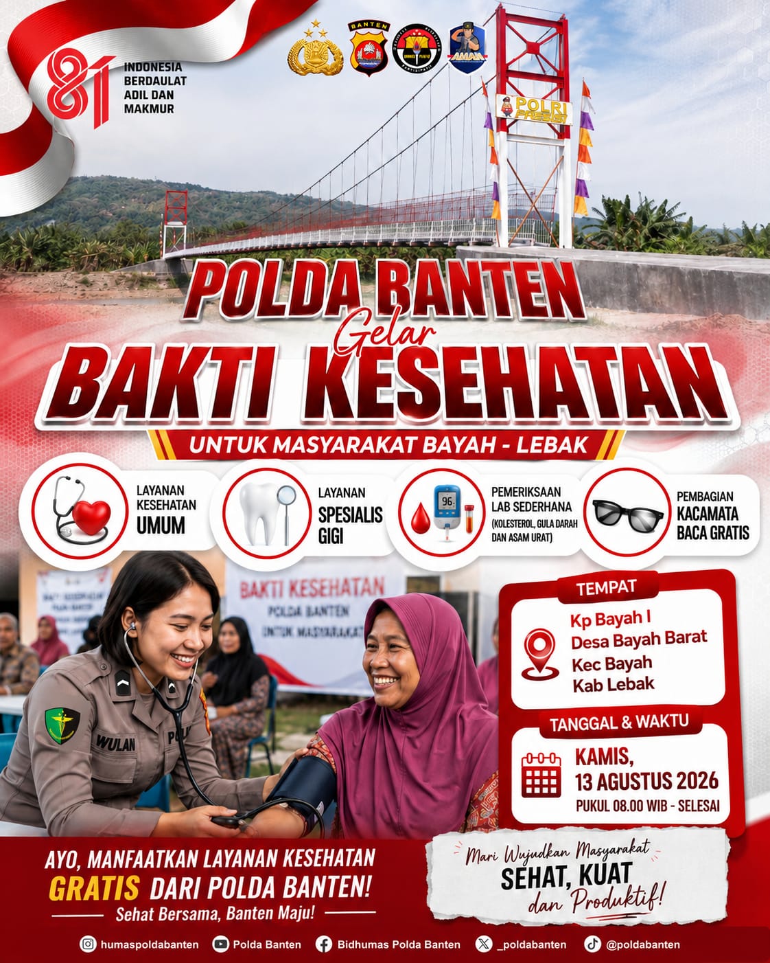 Polda Banten Gelar Bakti Kesehatan Gratis di Bayah Lebak, Ada Cek Kolesterol dan Kacamata Baca