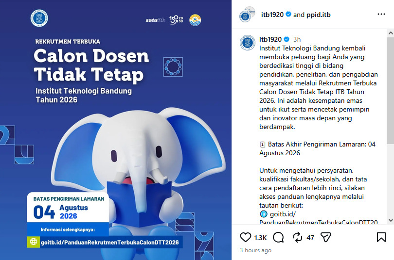 ITB Buka Lowongan Dosen Tidak Tetap 2026, Ini Syarat dan Cara Daftar untuk Lulusan S2 dan S3