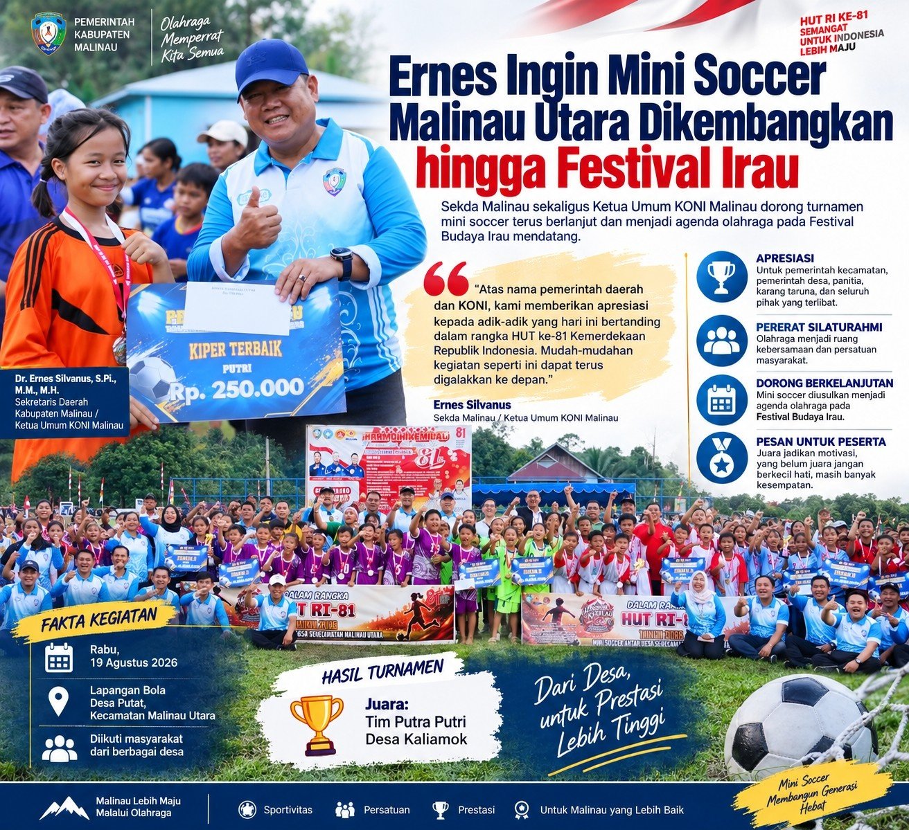 Turnamen Mini Soccer Malinau Utara Resmi Ditutup, Sekda Ernes Dorong Masuk Agenda Festival Irau