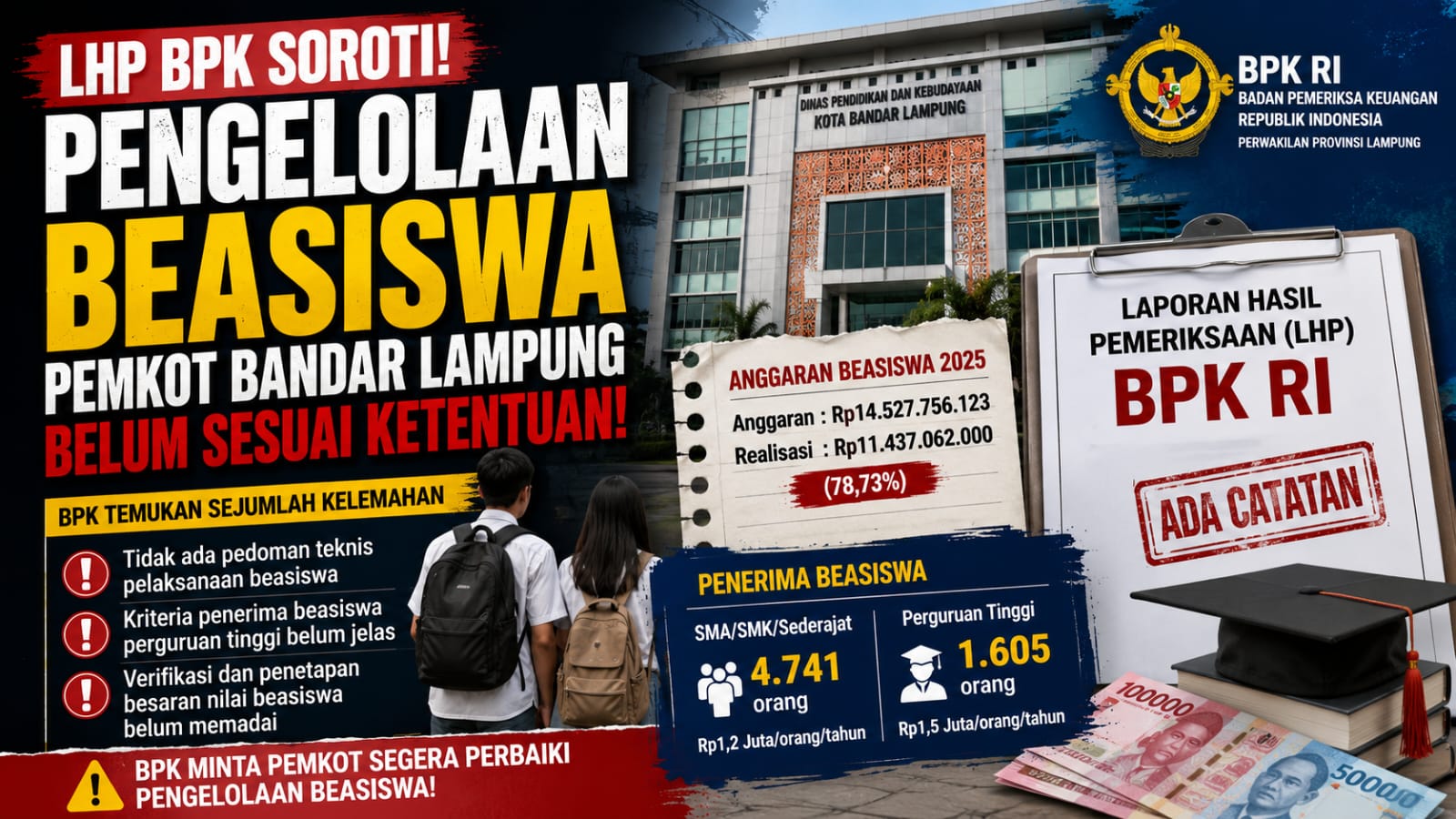 BPK Temukan Anggaran Beasiswa Rp11,43 Miliar di Bandar Lampung Tak Punya Pedoman Teknis, Berpotensi Tak Tepat Sasaran