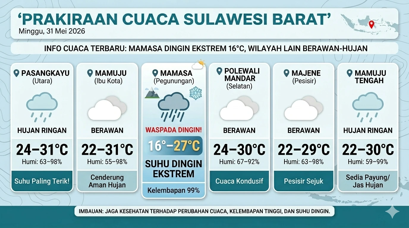 Cuaca Sulbar 31 Mei: Mamasa Alami Suhu Dingin 16 Derajat, BMKG Imbau Warga Jaga Kesehatan