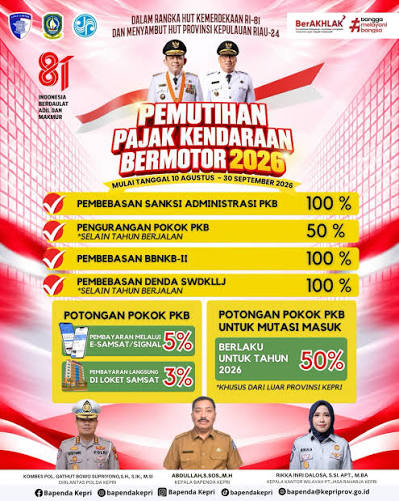 Pemutihan Pajak Kendaraan Kepri Berlaku 51 Hari Mulai 10 Agustus, Denda Dihapus dan Diskon Pokok hingga 50 Persen
