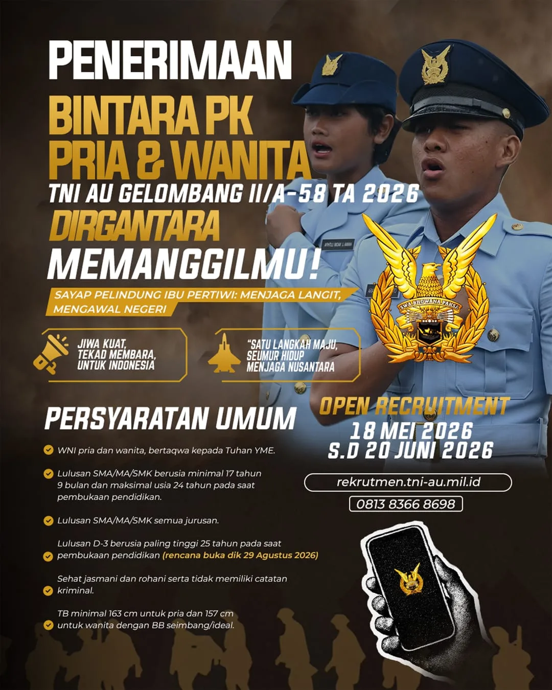 Pendaftaran Bintara PK TNI AU 2026 Dibuka untuk Putra-Putri Natuna, Ini Syarat Tinggi Badan dan Usianya
