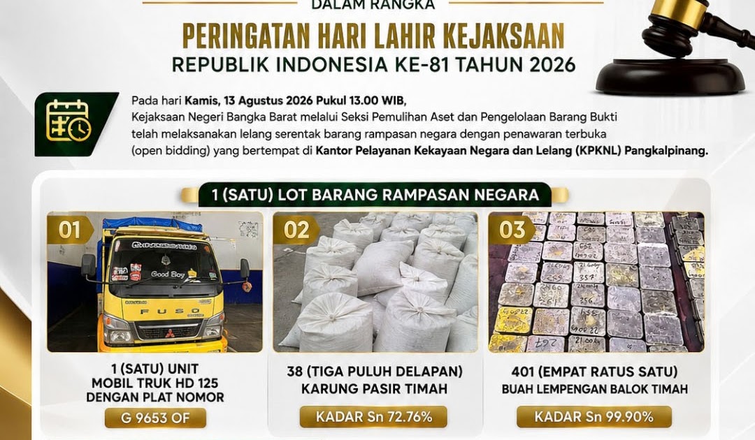 Lelang Barang Rampasan Kejari Bangka Barat Tembus Rp5,99 Miliar, Naik 29,31 Persen dari Harga Limit