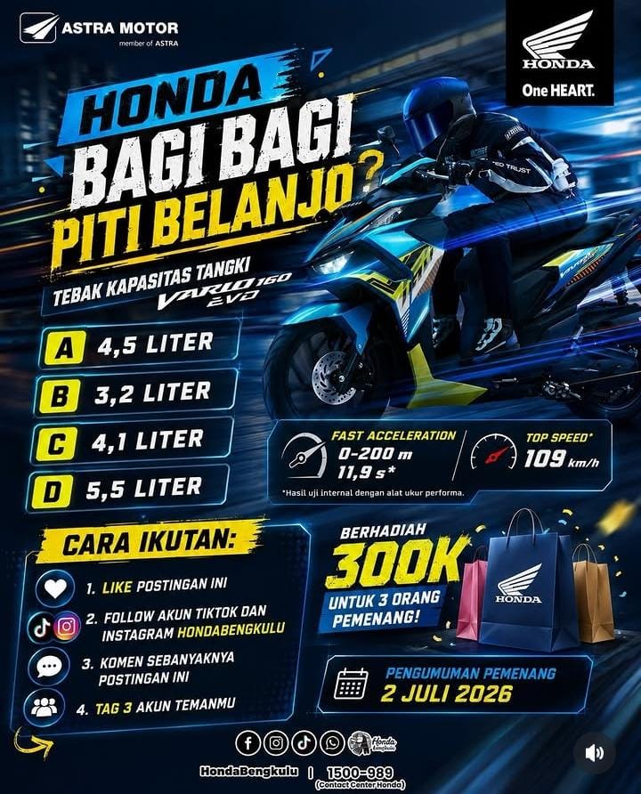 Astra Motor Bengkulu Gelar Kuis Vario 160 EVO, Tiga Pemenang Berhak Atas Piti Belanjo Rp300 Ribu