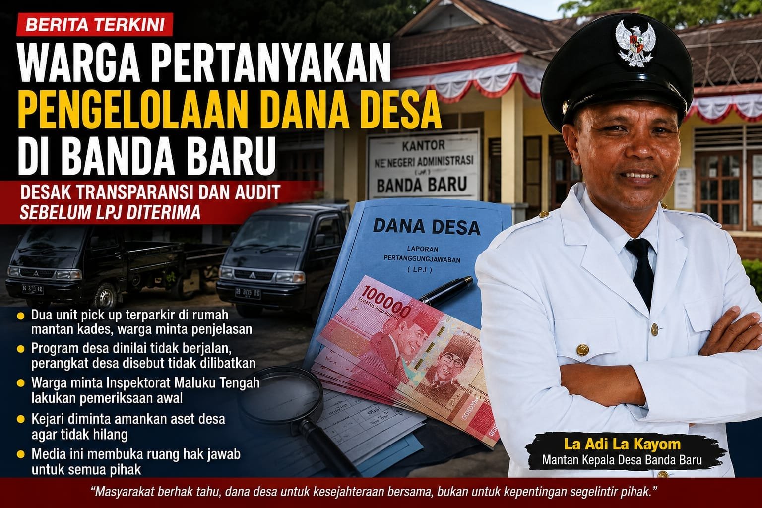 Warga Banda Baru Maluku Tengah Pertanyakan Keberadaan Dua Pikap Baru Mantan Kades dan Realisasi Dana Desa