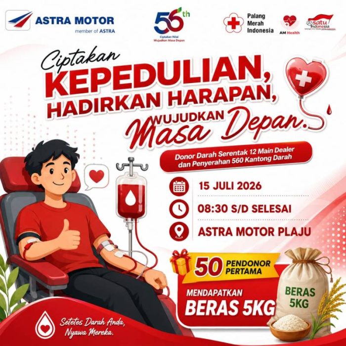 50 Pendonor Pertama di Astra Motor Plaju Dapat Beras 5 Kg, Target 560 Kantong Darah HUT ke-55