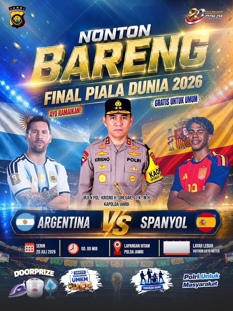 Nobar Final Piala Dunia 2026 di Polda Jambi Gratis, Videotron 5x10 Meter dan Doorprize Menanti Warga