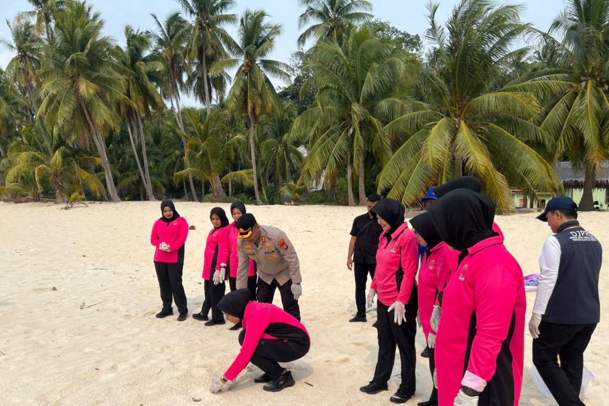 Polres Anambas Lepasliarkan 220 Tukik di Pulau Pahat, Bersih Pantai Kumpulkan 5,3 Kilogram Sampah