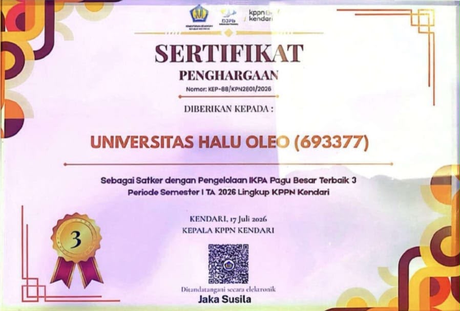 UHO Raih Peringkat Ketiga Pengelolaan Anggaran Terbaik dari KPPN Kendari, Bukti Tata Kelola Keuangan Kampus Makin Akuntabel